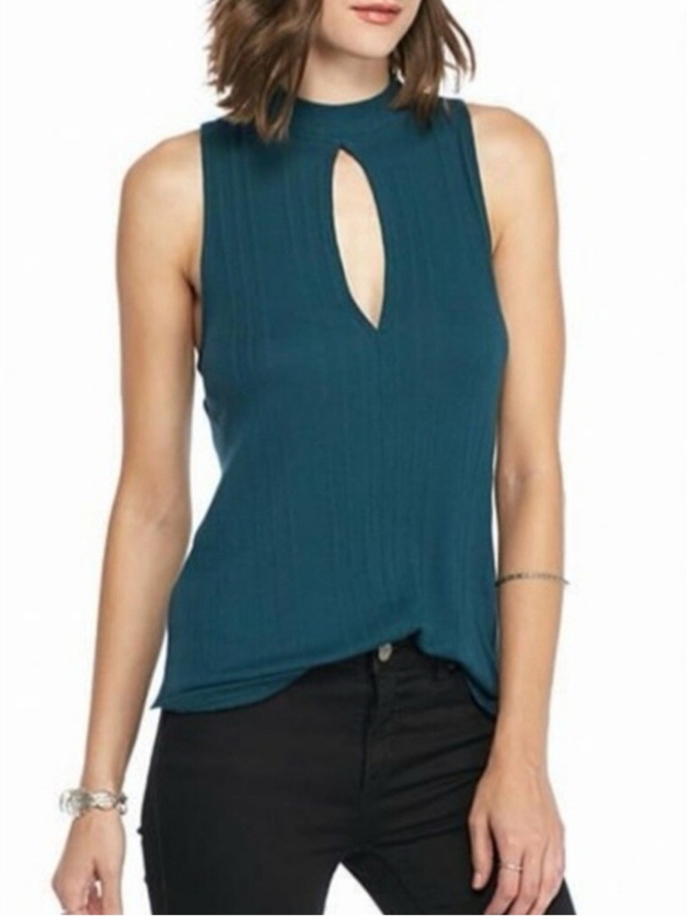 We The Free Teal Ribbed Keyhole Tank
